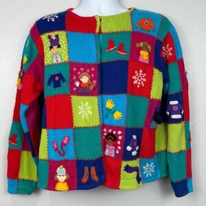 Marisa Christina Patchwork Christmas Sweater L 3D Knit Dolls Mittens Snowflakes
